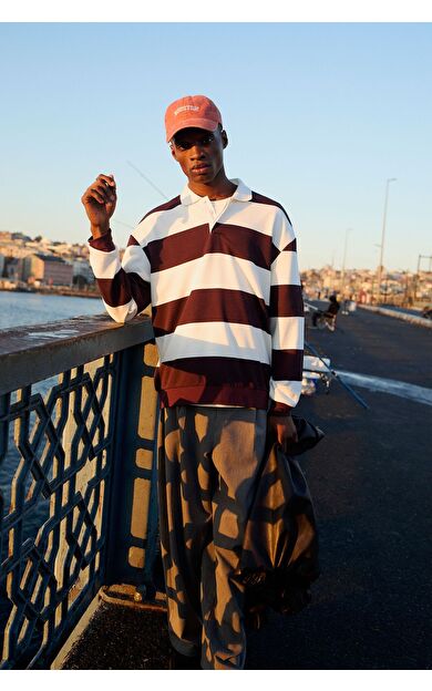 DeFacto Boxy Fıt Polo Yaka Çizgili Sweatshirt