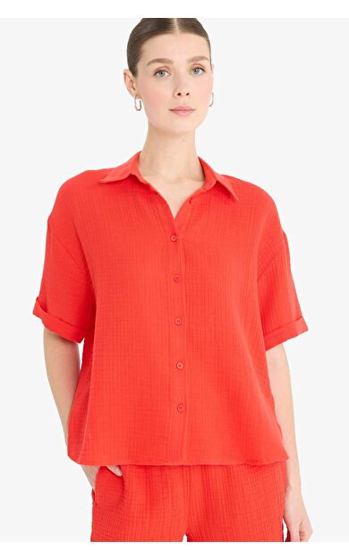 DeFacto Regular Fit Gömlek Yaka Müslin Uzun Kollu Gömlek F0884AX25SMRD44