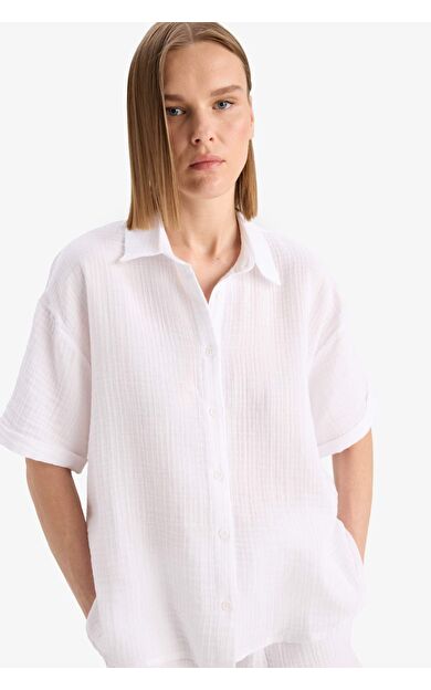 DeFacto Regular Fit Gömlek Yaka Müslin Uzun Kollu Gömlek F0884AX25SMWT36