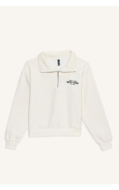 Regular Fıt Yarım Fermuarlı Baskılı Kalın Sweatshirt Kumaşı Sweatshirt