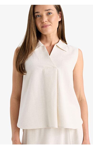 Regular Fit V Yaka Keten Karışımlı Kısa Kollu Bluz