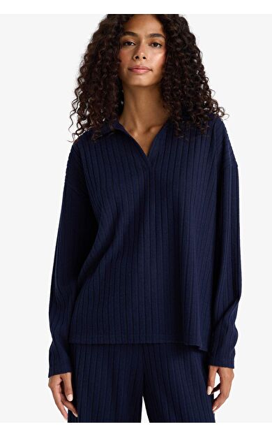 Relax Fit Polo Yaka Fitilli Kaşkorse Uzun Kollu Tişört F1007AX25AUNV251