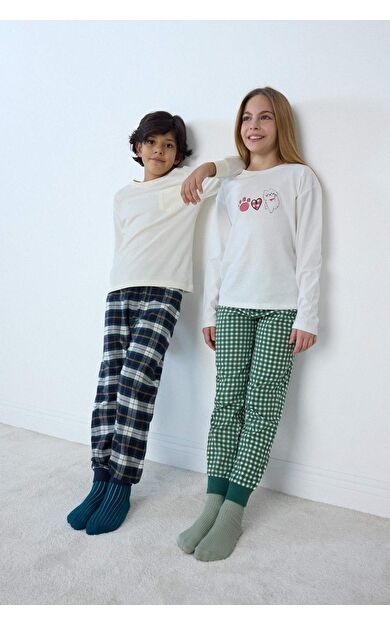 Erkek Çocuk Pijama Takımı Uzun Kollu Üst Kareli Uzun Alt