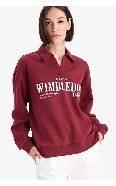 DeFacto Relax Fit Polo Yaka Baskılı Kalın Sweatshirt Kumaşı Sweatshirt