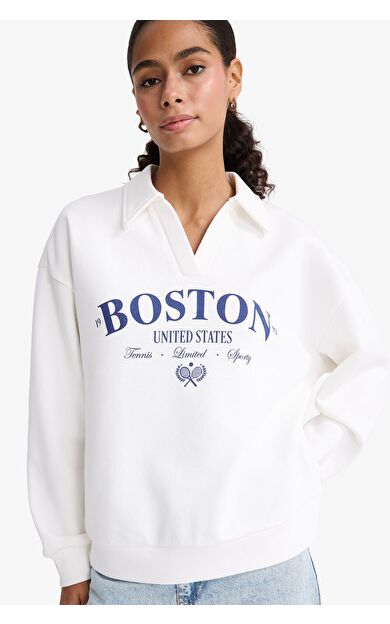 DeFacto Relax Fit Polo Yaka Baskılı Kalın Sweatshirt F1064AX25AUER105