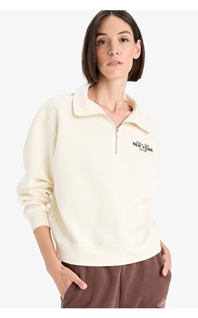 DeFacto Regular Fit Yarım Fermuarlı Baskılı Kalın Sweatshirt F1066AX25AUBG759