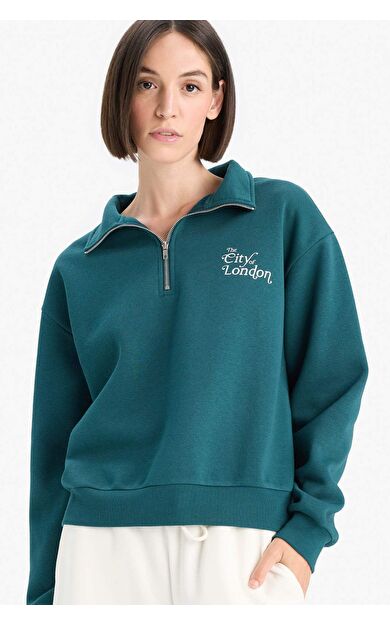 DeFacto Regular Fit Yarım Fermuarlı Baskılı Kalın Sweatshirt F1067AX25AUGN1040