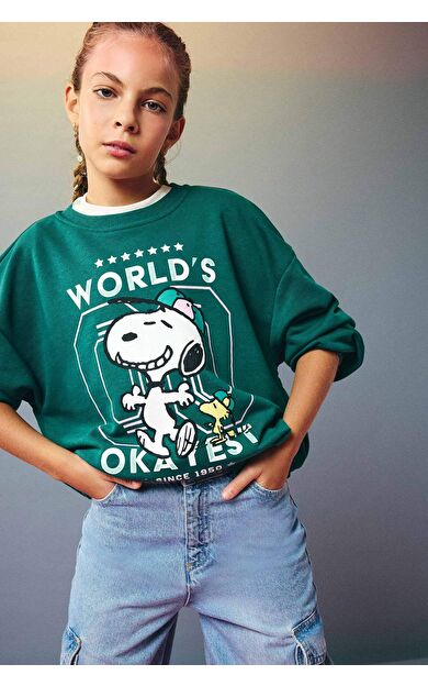 Kız Çocuk Snoopy Oversize Geniş Kalıp Bisiklet Yaka Sweatshirt