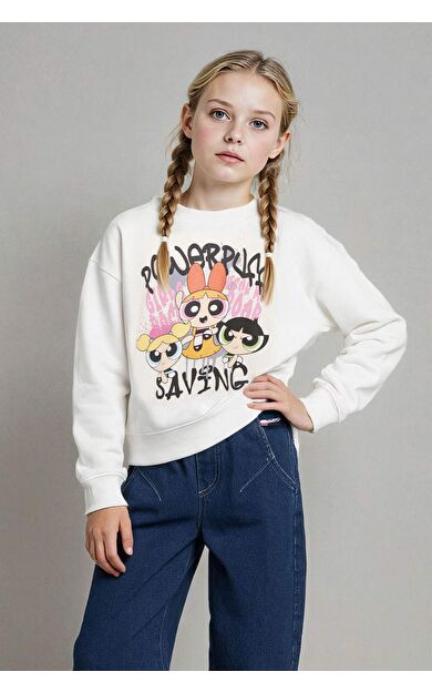 Kız Çocuk PowerPuff Girls Oversize Geniş Kalıp Bisiklet Yaka Sweatshirt