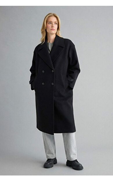 Regular Fit Düğmeli Uzun Kaşe Kaban