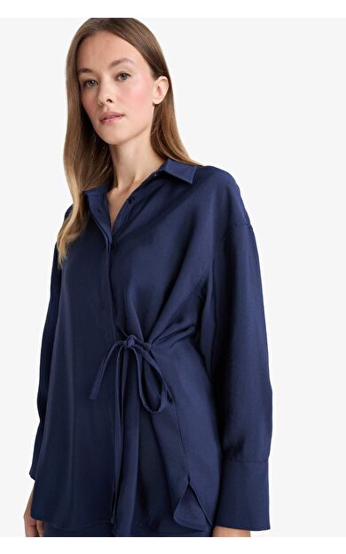 Relax Fit Modal Önden Bağlamalı Uzun Kollu Gömlek Tunik