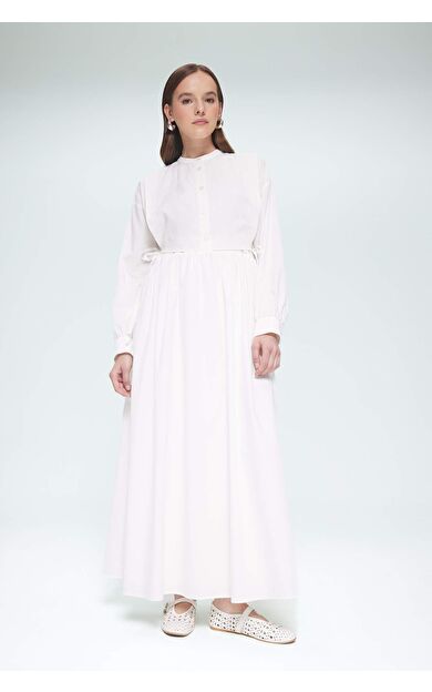 Relax Fit Bisiklet Yaka Kuşaklı Poplin Uzun Kollu Maxi Elbise