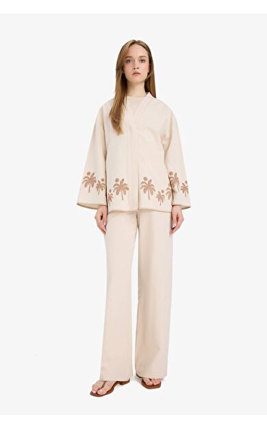 DeFacto Keten Karışımlı Wide Leg Geniş Paça Flamlı Pantolon F1395AX25SMER42