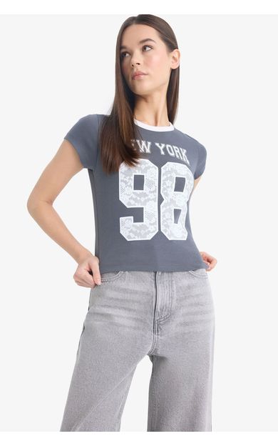 DeFacto Coool Fitted Bisiklet Yaka Baskılı Ribana Kısa Kollu Tişört F1446AX25SPAR58