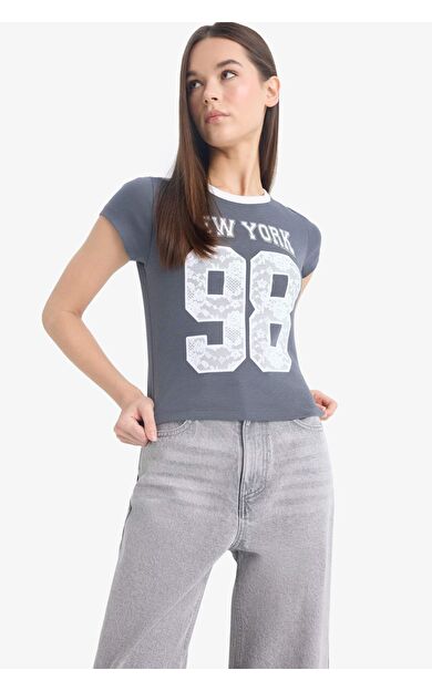 Coool Fitted Bisiklet Yaka Baskılı Ribana Kısa Kollu Tişört F1446AX25SPAR58