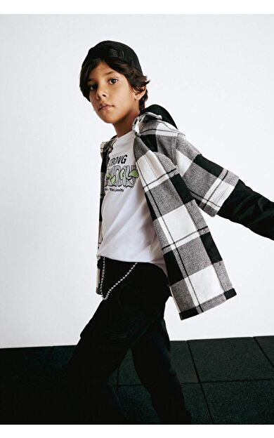 Erkek Çocuk Oversize Geniş Kalıp Kapüşonlu Ekose Desenli Flanel Uzun Kollu Gömlek