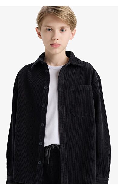 DeFacto Erkek Çocuk Oversize Geniş Kalıp Polo Yaka Kadife Uzun Kollu Gömlek