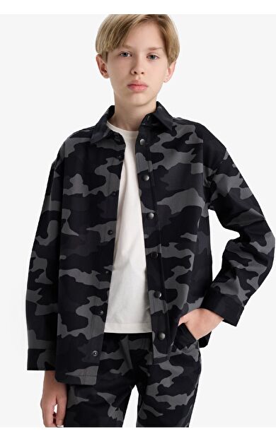 DeFacto Erkek Çocuk Oversize Geniş Kalıp Polo Yaka Baskılı Gabardin Uzun Kollu Gömlek