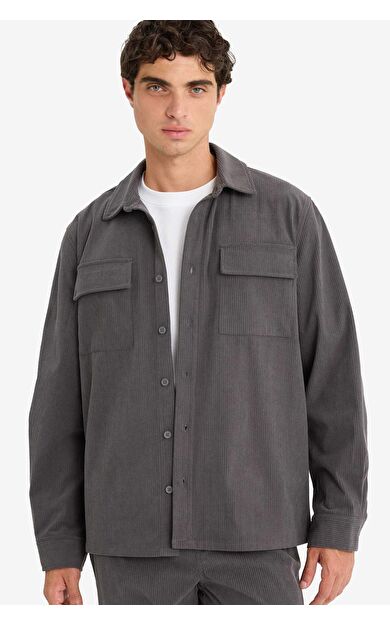Regular Fit Fitilli Kadife Uzun Kollu Gömlek