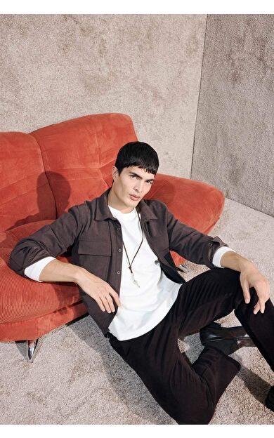 Regular Fit Fitilli Kadife Uzun Kollu Gömlek