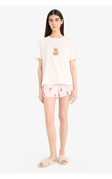 DeFacto Pijama Takımı Kısa Kollu Baskılı Pijama Üstü Esnek Belli Şort Pijama Altı-Fall in Love