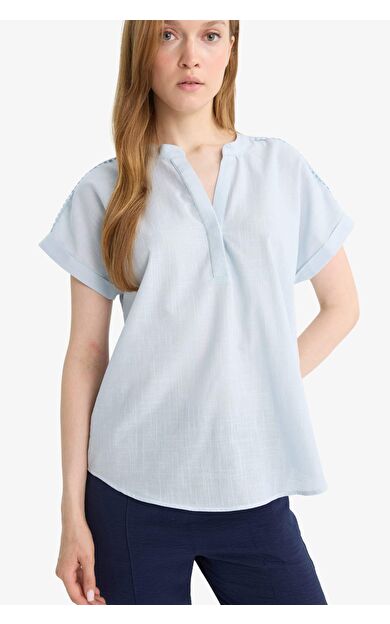 Regular Fit Bisiklet Yaka Flamlı Pamuk Kısa Kollu Bluz