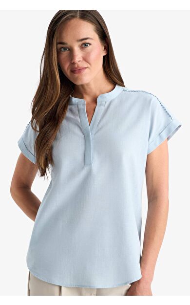 Regular Fit Apaş Yaka Flamlı Pamuk Kısa Kollu Bluz