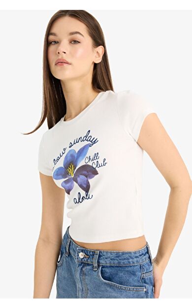 DeFacto Fitted Bisiklet Yaka Baskılı Ribana Kısa Kollu Tişört