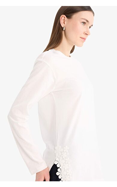 Regular Fit Bisiklet Yaka Dantelli Uzun Kollu Tişört Tunik