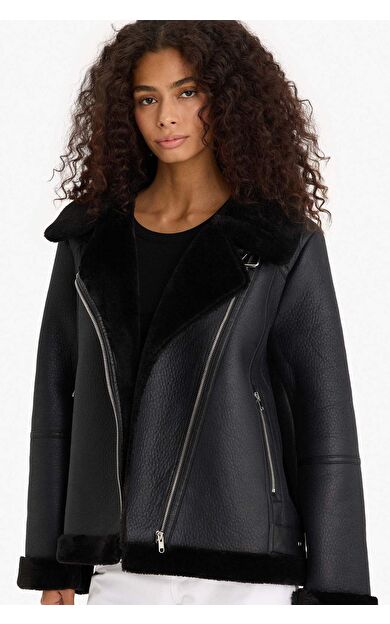 Regular Fit Suni Kürk Astarlı Fermuarlı Suni Deri Ceket Mont