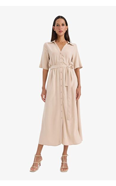 Gömlek Yaka Kısa Kollu Midi Elbise