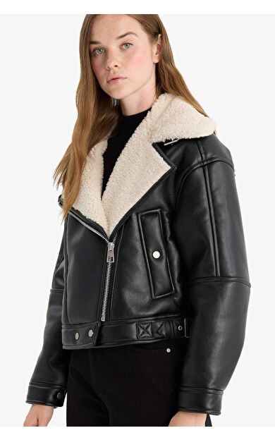 Oversize Geniş Kalıp Suni Kürk Astarlı Fermuarlı Suni Deri Ceket Mont