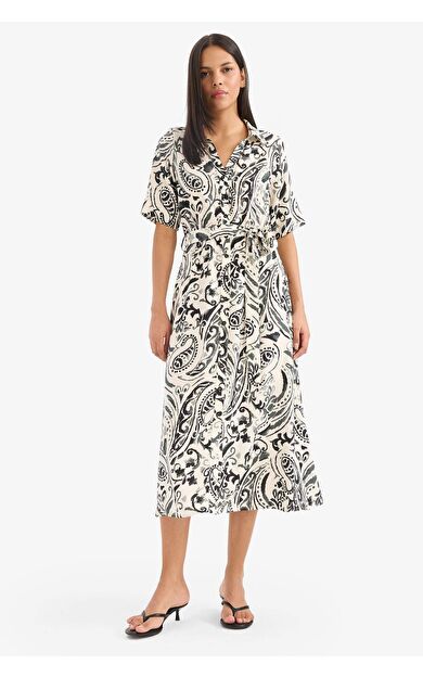 Gömlek Yaka Batik Kısa Kollu Midi Elbise