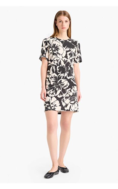 Bisiklet Yaka Baskılı Kısa Kollu Mini Elbise