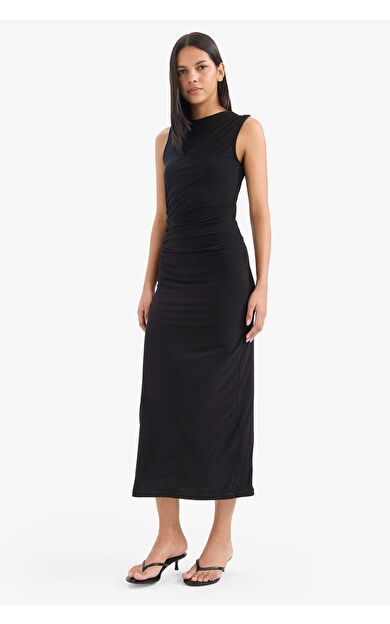 Bodycon Vücudu Saran Dik Yaka Kolsuz Maxi Elbise