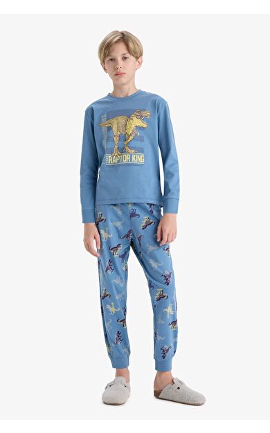 Erkek Çocuk Pijama Takımı Dinozor Baskılı Uzun Kollu Üst Uzun Alt