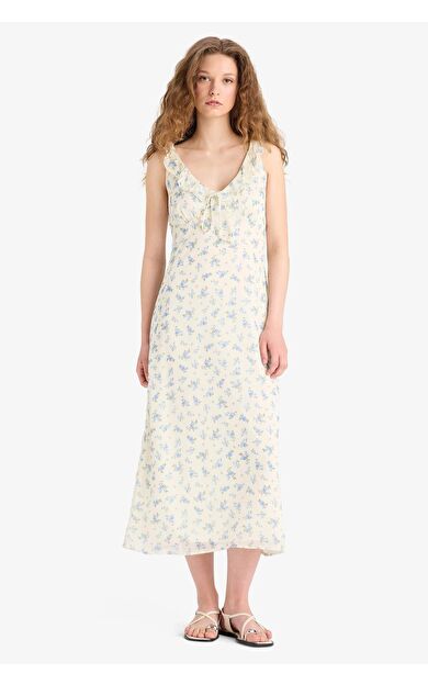 V Yaka Çiçekli Şifon Kolsuz Midi Elbise