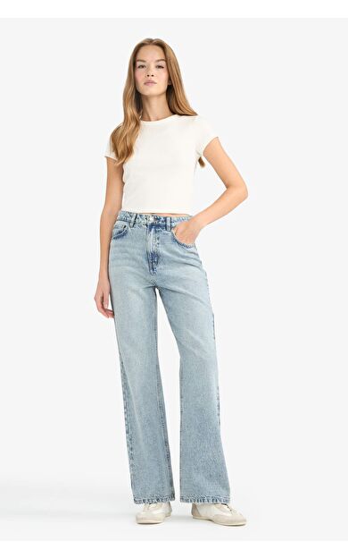 90's Wide Leg Yüksek Bel Düz Paça Uzun Jean Yıkamalı Pantolon