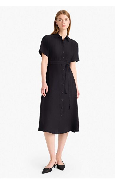 Gömlek Yaka Kısa Kollu Midi Elbise