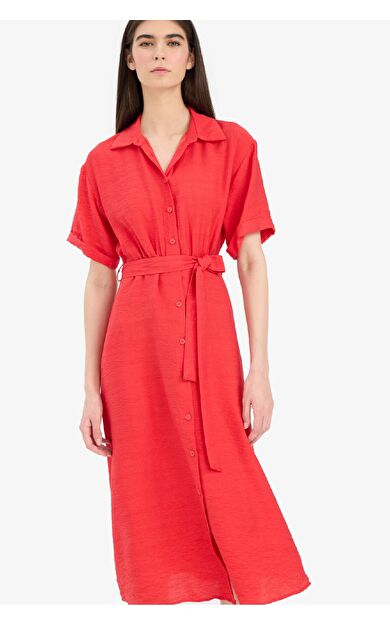 Gömlek Yaka Kuşaklı Kısa Kollu Kırmızı Midi Elbise