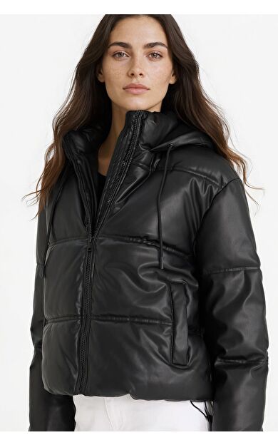 DeFacto Regular Fit Kapüşonlu Polar Astarlı Suni Deri Mont