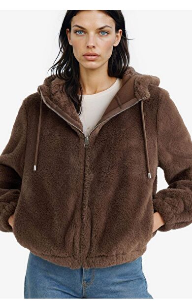 DeFacto Regular Fit Polar Astarlı Kapüşonlu Fermuarlı Suni Kürk