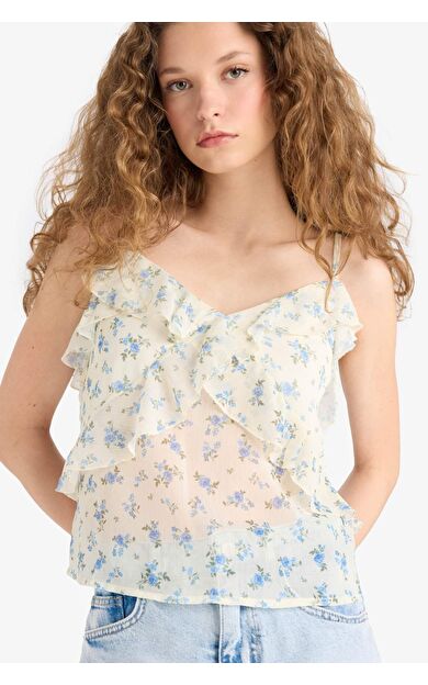 Regular Fit V Yaka Çiçekli Şifon Askılı Bluz