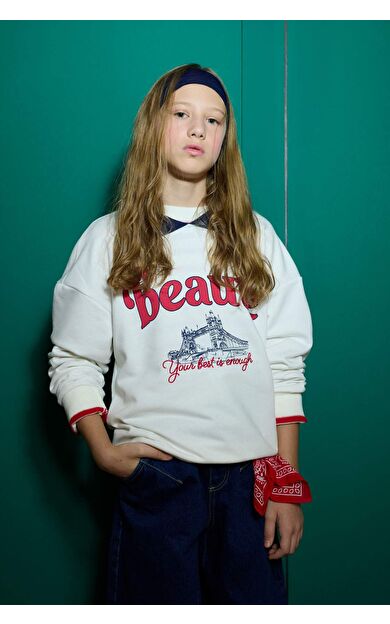 Kız Çocuk Relax Fit Polo Yaka Baskılı Sweatshirt