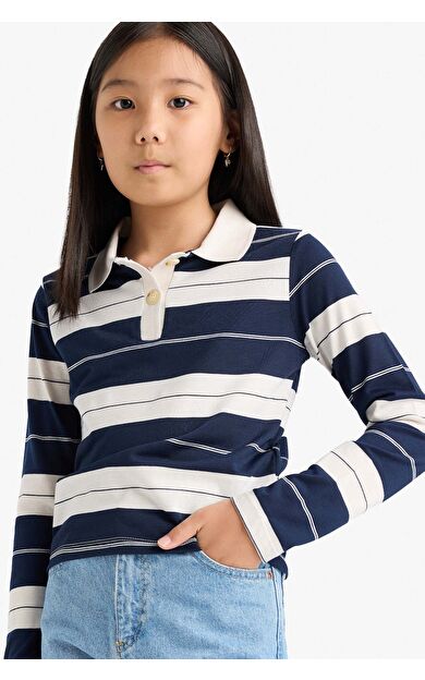 DeFacto Kız Çocuk Fitted Polo Yaka Çizgili Uzun Kollu Tişört