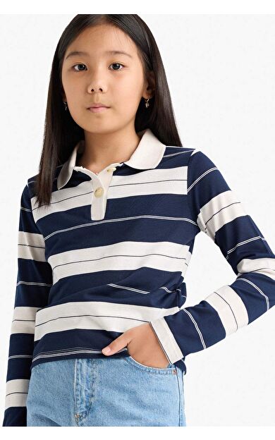 DeFacto Kız Çocuk Fitted Polo Yaka Çizgili Uzun Kollu Tişört