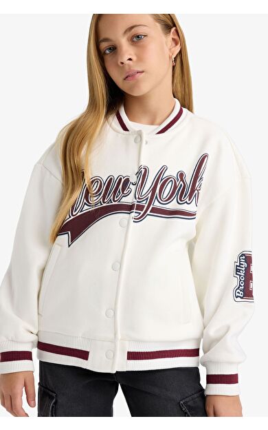 DeFacto Kız Çocuk Slogan Baskılı Bisiklet Yaka Kalın Sweatshirt Kumaşı Hırka