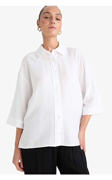 Oversize Geniş Kalıp Gömlek Yaka Krinkıl Kumaş Uzun Kollu Gömlek