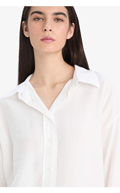 DeFacto Oversize Geniş Kalıp Gömlek Yaka Krinkıl Kumaş Uzun Kollu Gömlek