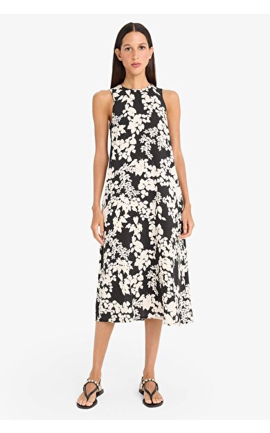 Bisiklet Yaka Desenli Kolsuz Midi Elbise